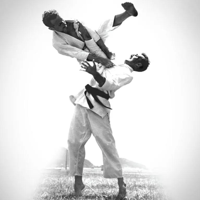 Two martial artists in gi performing a high-level throw during Brazilian Jiu Jitsu practice outdoors - Brazilian Jiu Jitsu