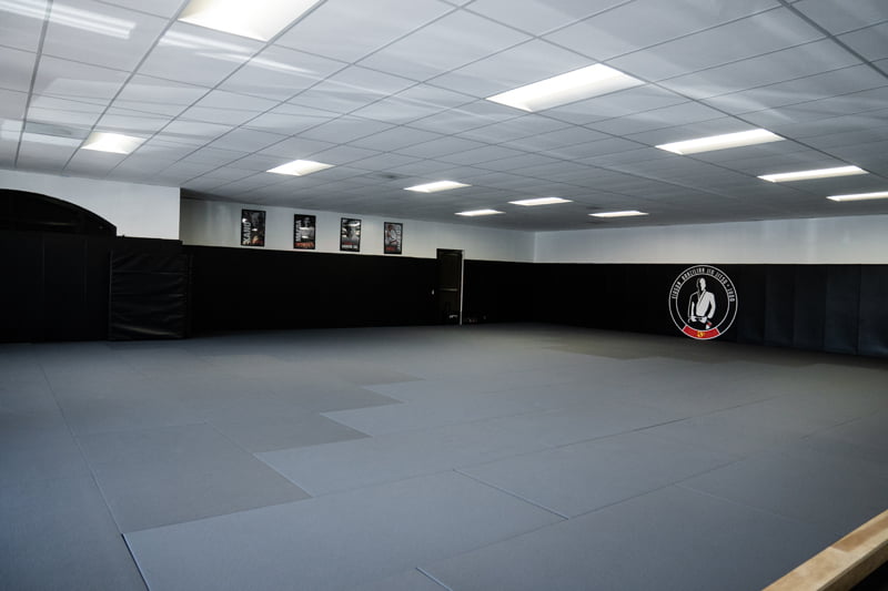 Spacious martial arts studio with clean padded mats and wall logo ready for training - Martial Arts