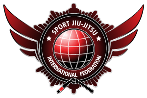 Sport Jiu-Jitsu International Federation emblem – Jiu Jitsu San Diego, CA Red and silver winged globe emblem of the Sport Jiu-Jitsu International Federation representing global unity through martial arts – Jiu Jitsu San Diego, CA